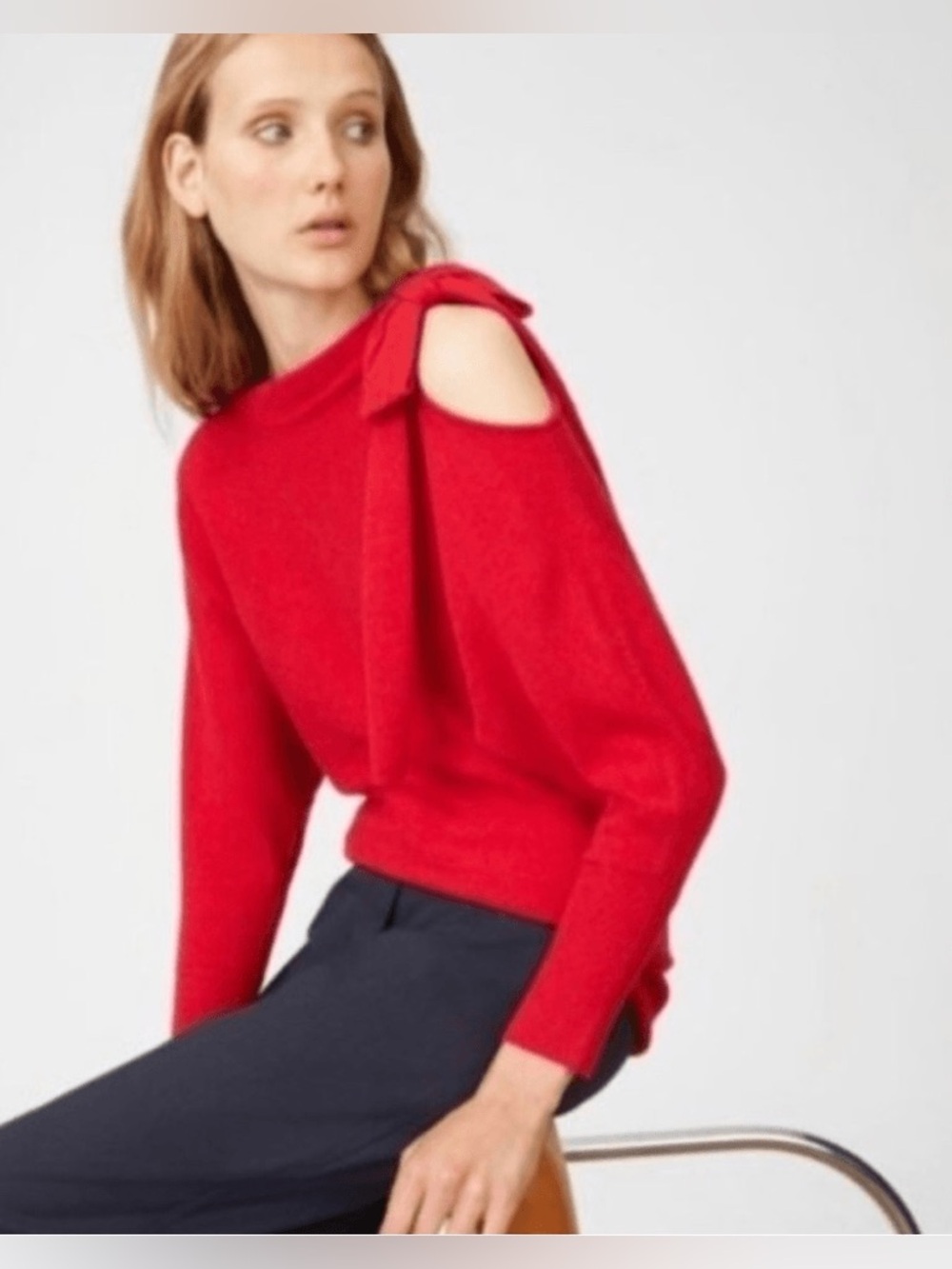 Club Monaco Cashmere Lambswool Red Off-Shoulder Tie-Detail Sweater